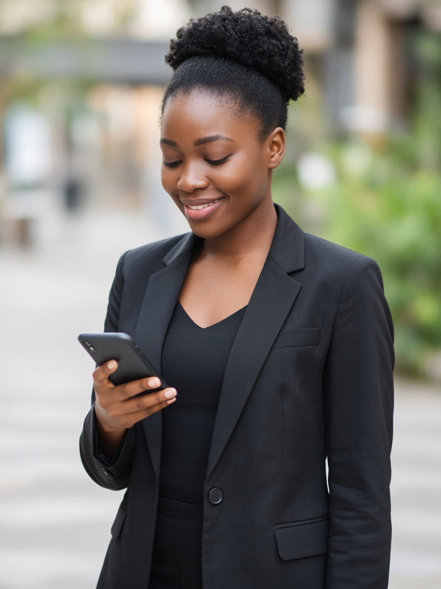 African professional using mobile app